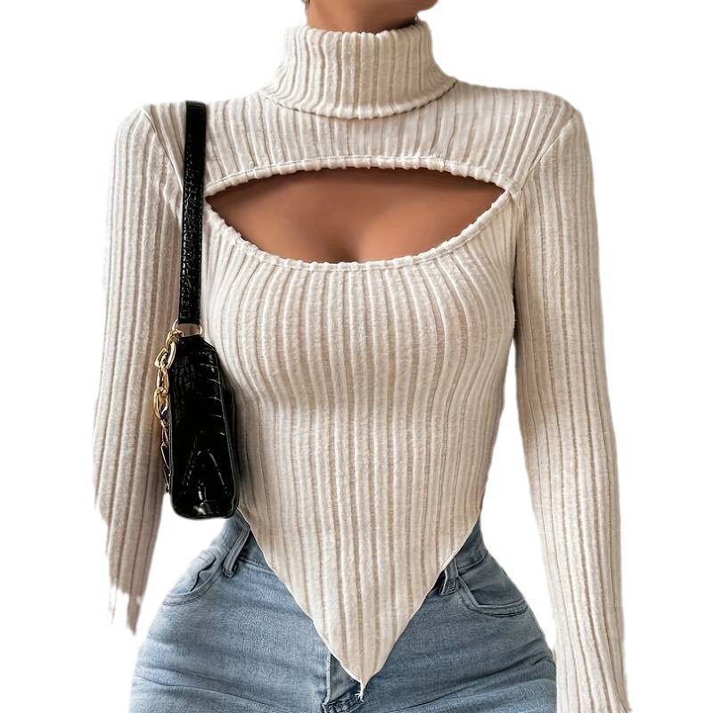 Womens Knit Crop Top Sexy Hollow Design Irregular Hem Long Sleeve Spring Summer Fashion Wholesale Available