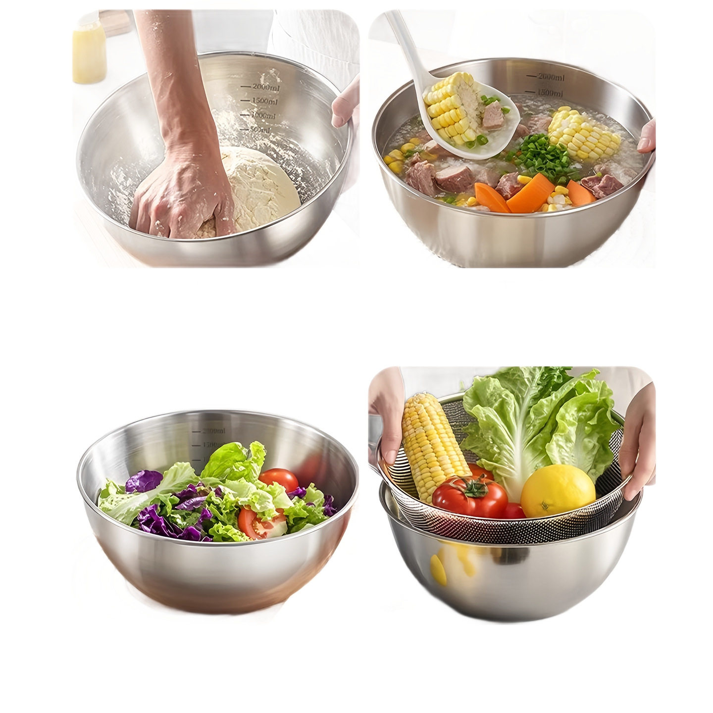 Stainless Steel Draining Basket Baking Cooking Basin Kitchen Mixing Bowl Egg Beating Bowl Household Cooking Basin Kneading Basin with Scale