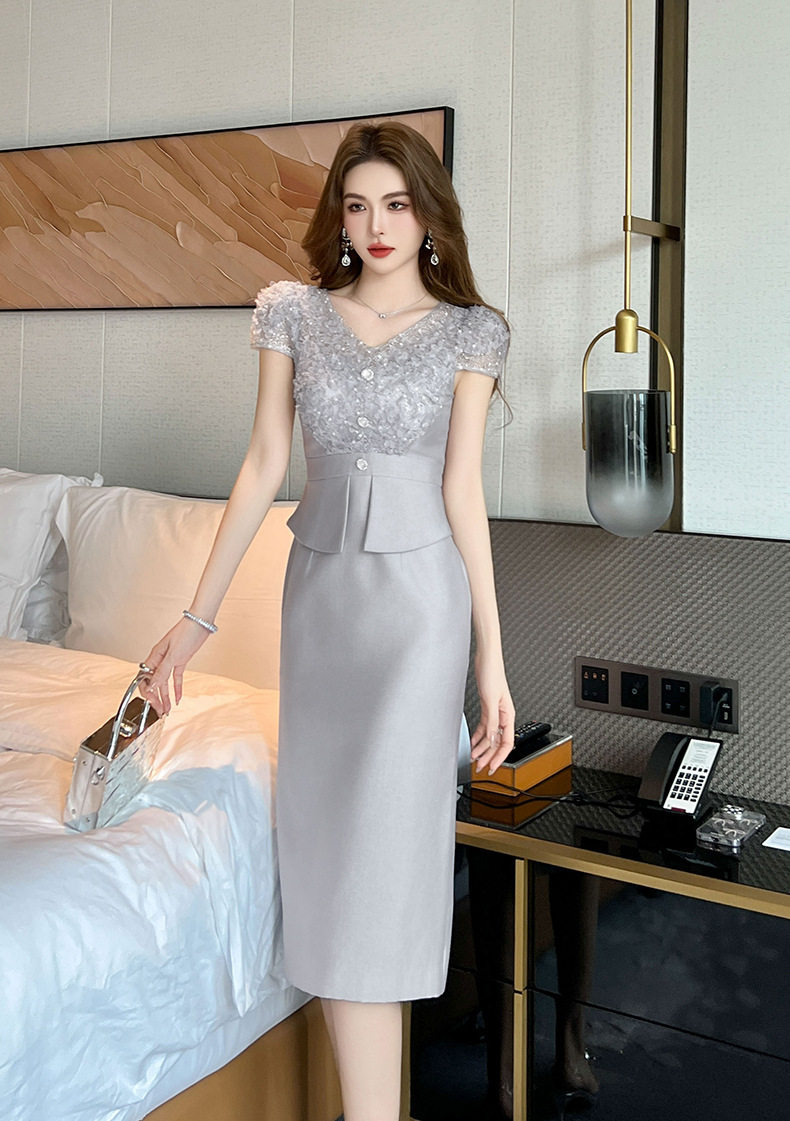 Đầm ren hè nữ cổ V ôm body tay ngắn — [Xám băng], [Hồng đào] chi tiết 8