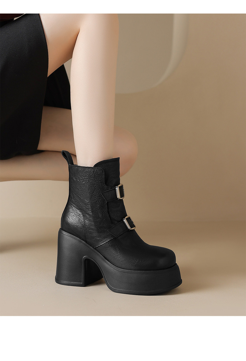 Boot nữ cổ thấp da bò thật khóa kéo bên hông, đế dày tăng chiều cao — Lớp lót đơn màu đen, Lớp lót đơn màu nâu, nhung đen, Nhung nâu