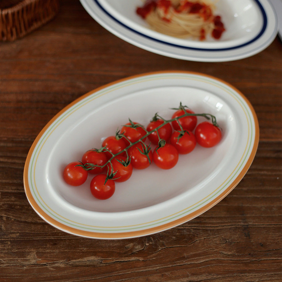 South Korea Ins Coil Oval Fish Plate Noodle Soup Plate Sweet Plate Vintage Breakfast Bowl Ceramic Tableware Home Curry Rice