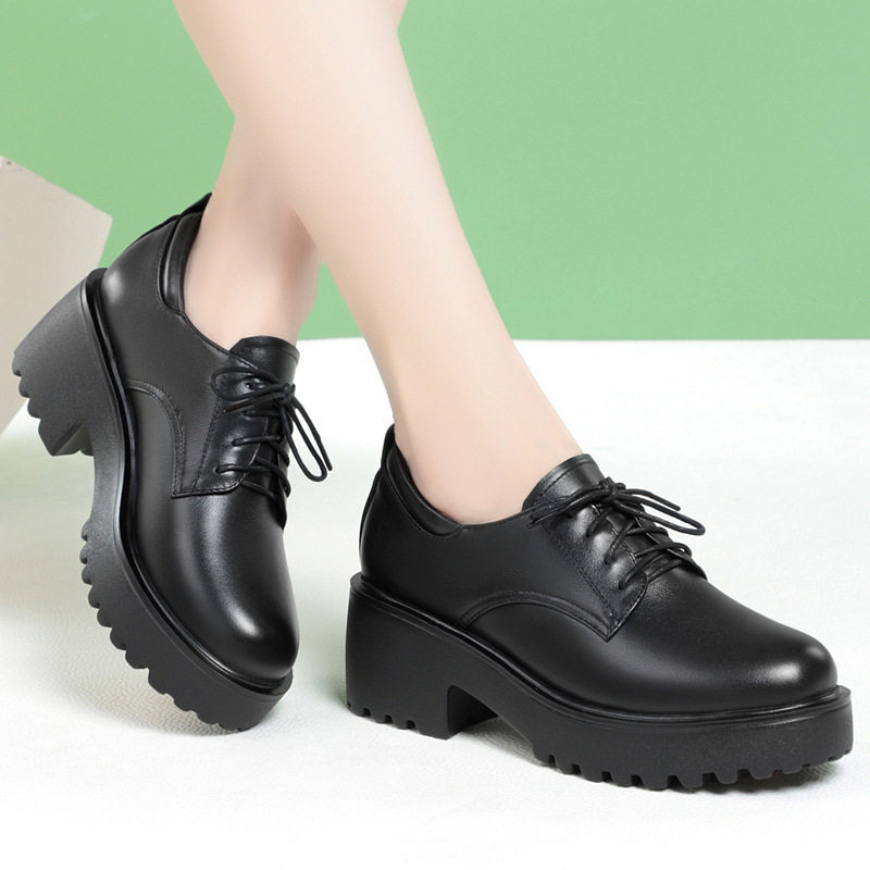 女士皮鞋真皮休闲中年妈妈鞋春秋系带深口单鞋女粗跟中跟厚底女鞋,淘宝优惠券,粉丝福利购,淘宝优惠卷