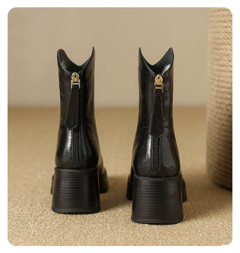 Boot nữ cổ thấp gót thô phong cách thời trang thanh lịch — Màu đen, Màu nâu