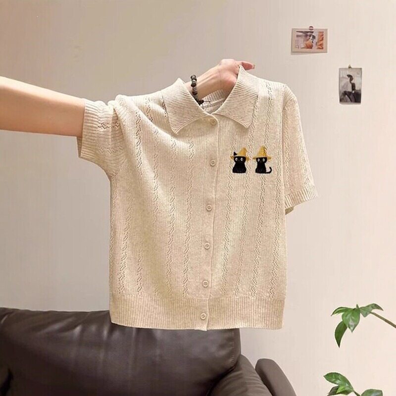 日系翻领刺绣短袖针织开衫女夏季高级感巨好看宽松显瘦polo衫上衣