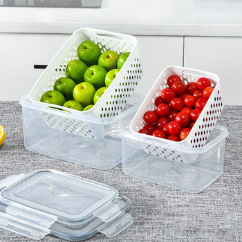Refrigerator fresh-keeping box a batch of food grade plastic drain transparent double-layer large-capacity fruit refrigerator storage box