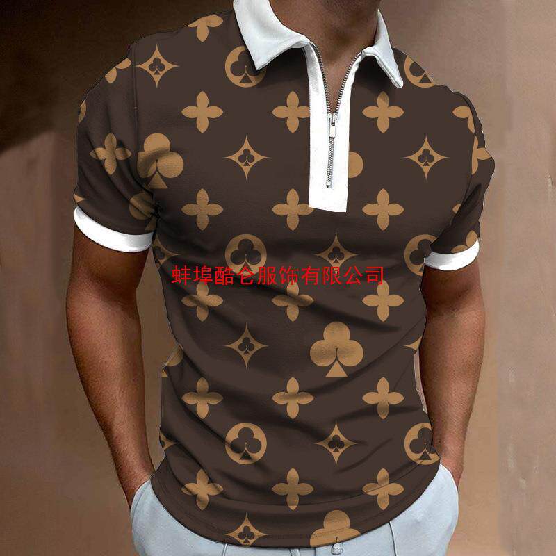 外贸亚马逊春夏新款男士翻领上衣数码印花时尚休闲拉链短袖Polo衫