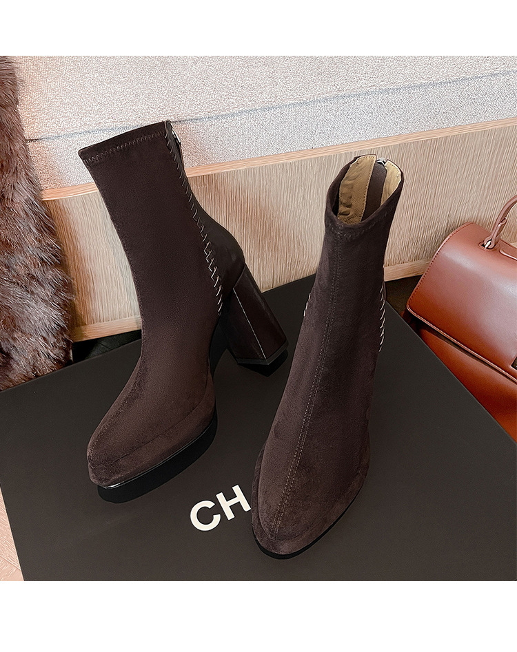 Boot nữ mũi nhọn gót thô cao 9cm cổ ngắn ôm chân phối da cừu — Lớp lót đơn màu đen, Lớp lót đơn màu nâu, Lót nhung đen, Lót nhung màu nâu