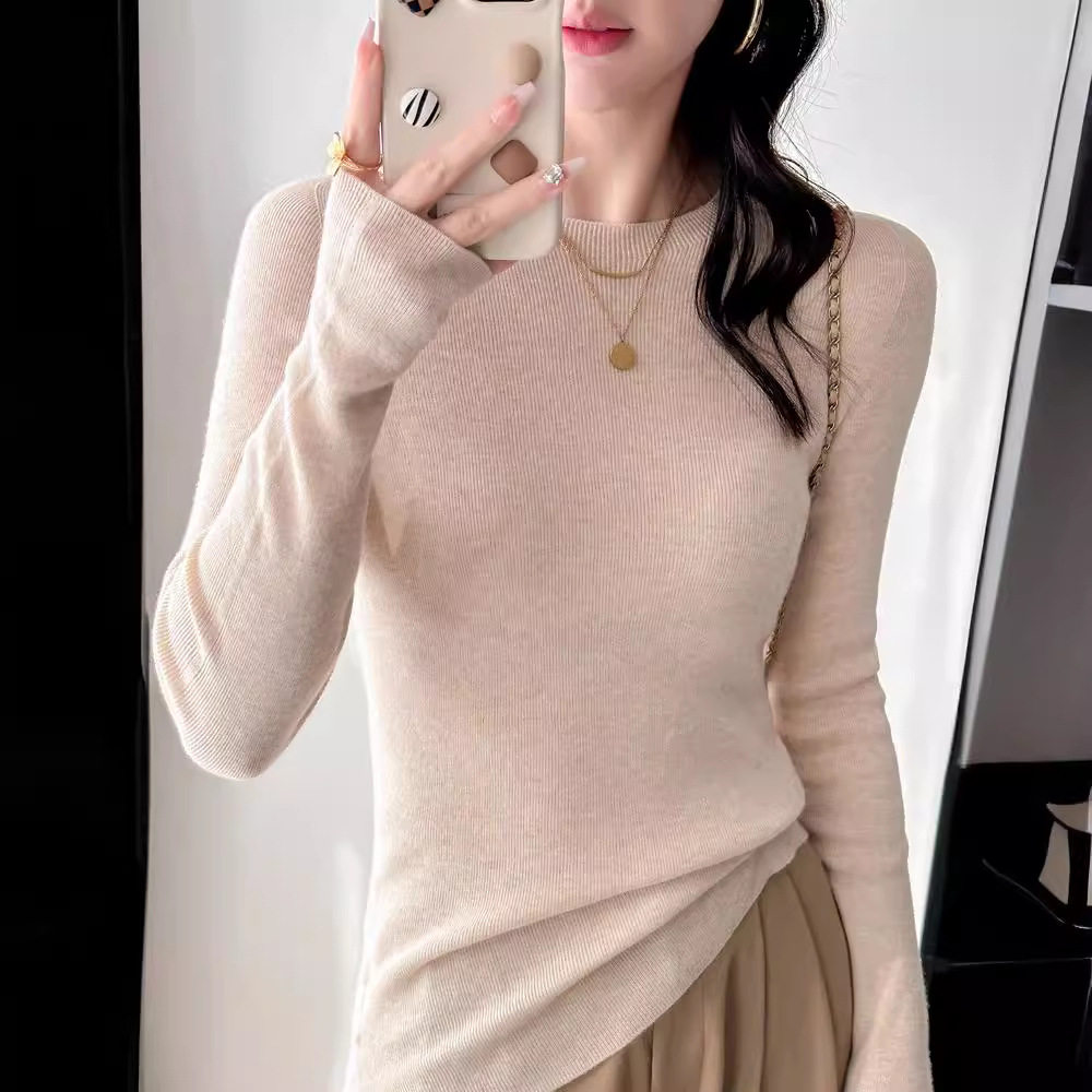 60支100精纺美丽诺细羊毛针织衫女装圆领套头无缝18针打底衫毛衣