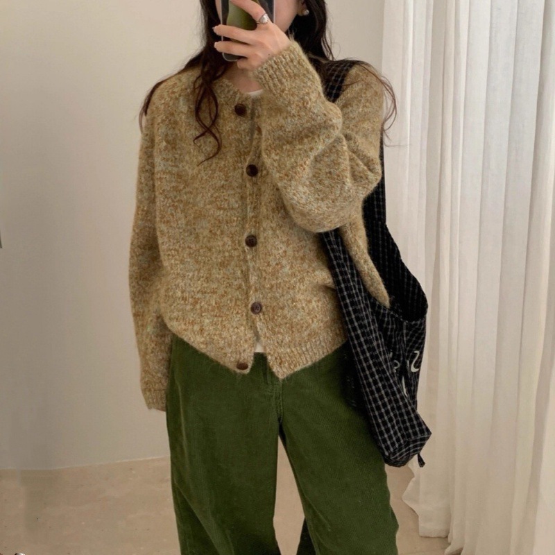 韩系高级感紫色针织外套女2025秋冬新款软糯宽松圆领女装毛衣开衫