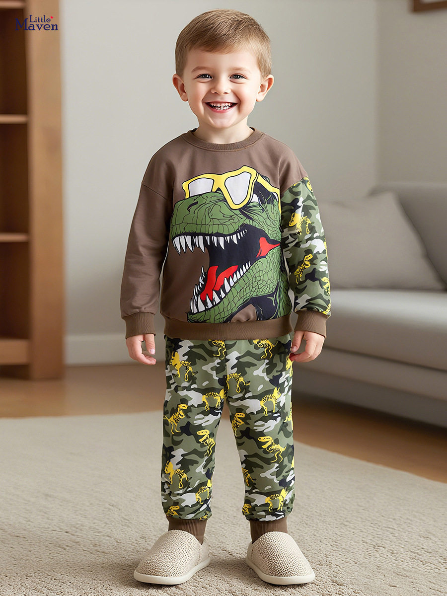 Cartoon Dinosaur Boys' Set, Autumn Kids' Outfit, Fashion Long-sleeve Fall Wear