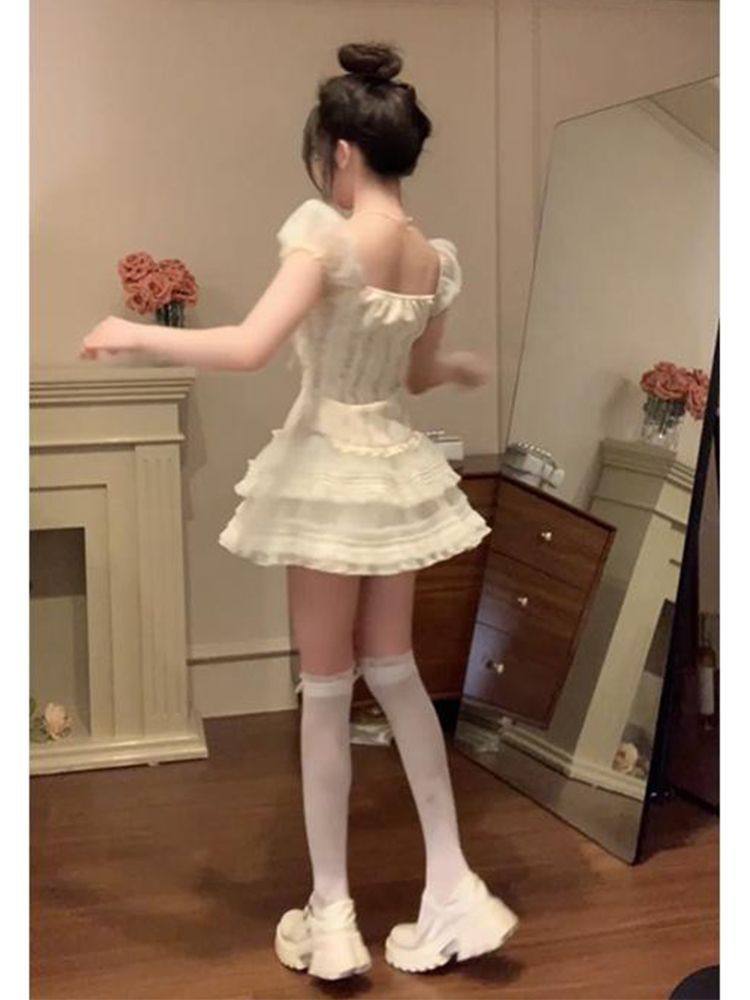 Pastoral Princess 2.0 Summer Ballet Style Sweet Top Puff Skirt Waist Slimming Hot Girl Skirt Two-Piece Set