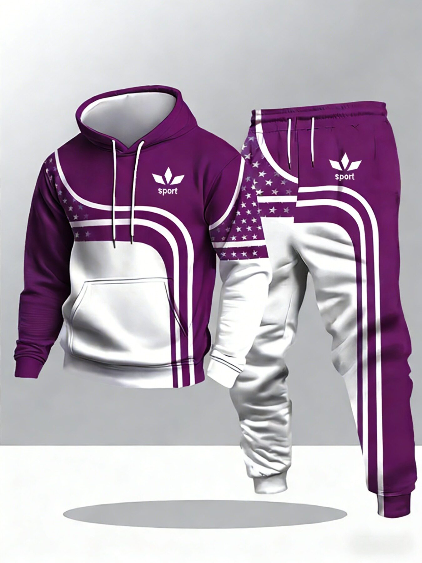 Men's sporty stars and stripes contrasting color hooded suit casual sweatshirt and trousers two-piece set