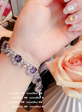 复古葡萄紫石花朵手链 镀18K金多切面马眼锆石花朵手链胸针套装