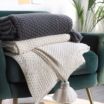 Nordic Sofa Blanket Office Nap Blanket Tassel Knitted Wool Casual Air Conditioning Blanket Off-White
