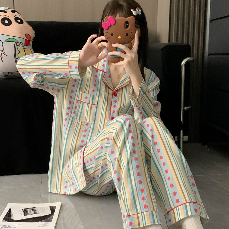 带胸垫大码睡衣女春秋季长袖甜美少女草莓条纹家居服套装现货跨境