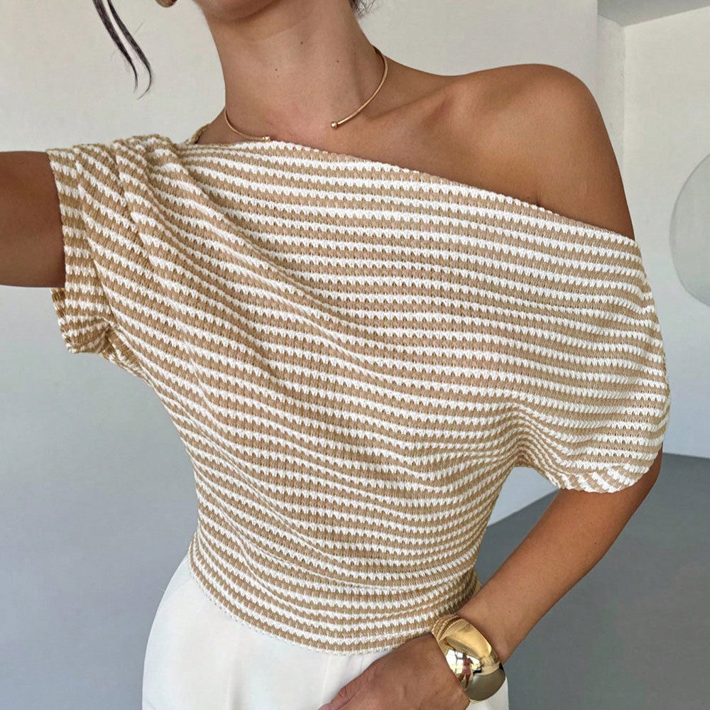 Summer Striped Short Sleeve Top One Shoulder Design Fitted Waist Versatile Knit Casual Office Wear Wholesale