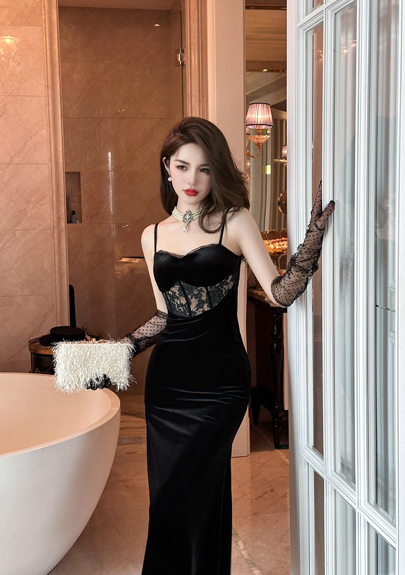 Đầm ôm body nữ nhung dáng đuôi cá cổ V không tay — [Đen] chi tiết 16