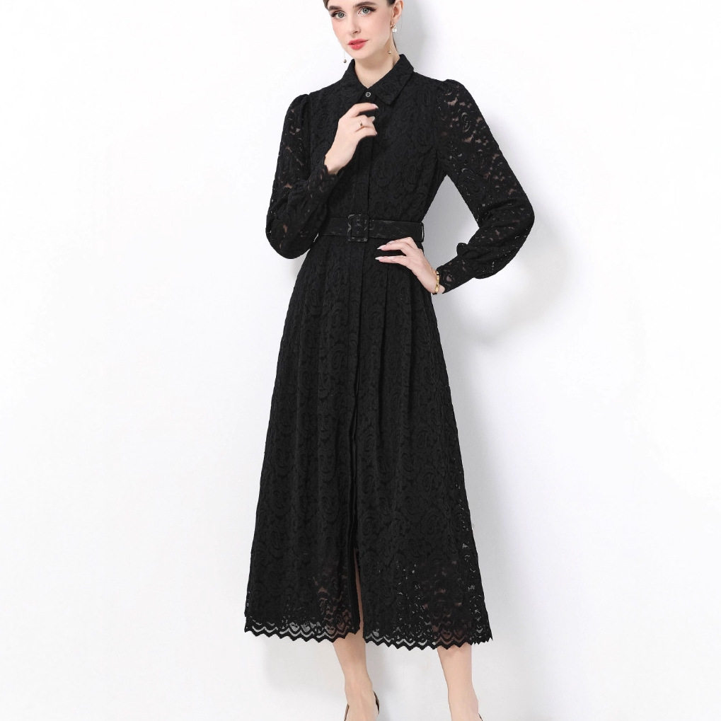 Elegant French Vintage Lace Maxi Dress for Women Autumn Style Waist Tie Single Breasted High End Feel Wholesale
