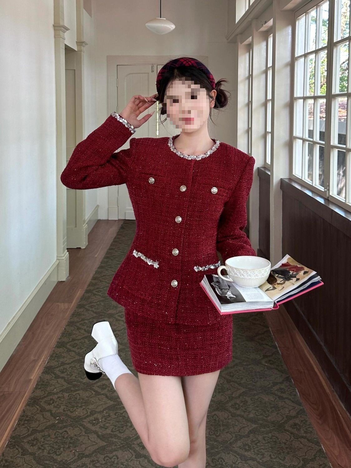 Red Christmas and New Year Suit for Women, New Winter Style, Rich Daughter, Small Fragrance Style Waist Jacket and Skirt Two-Piece Set