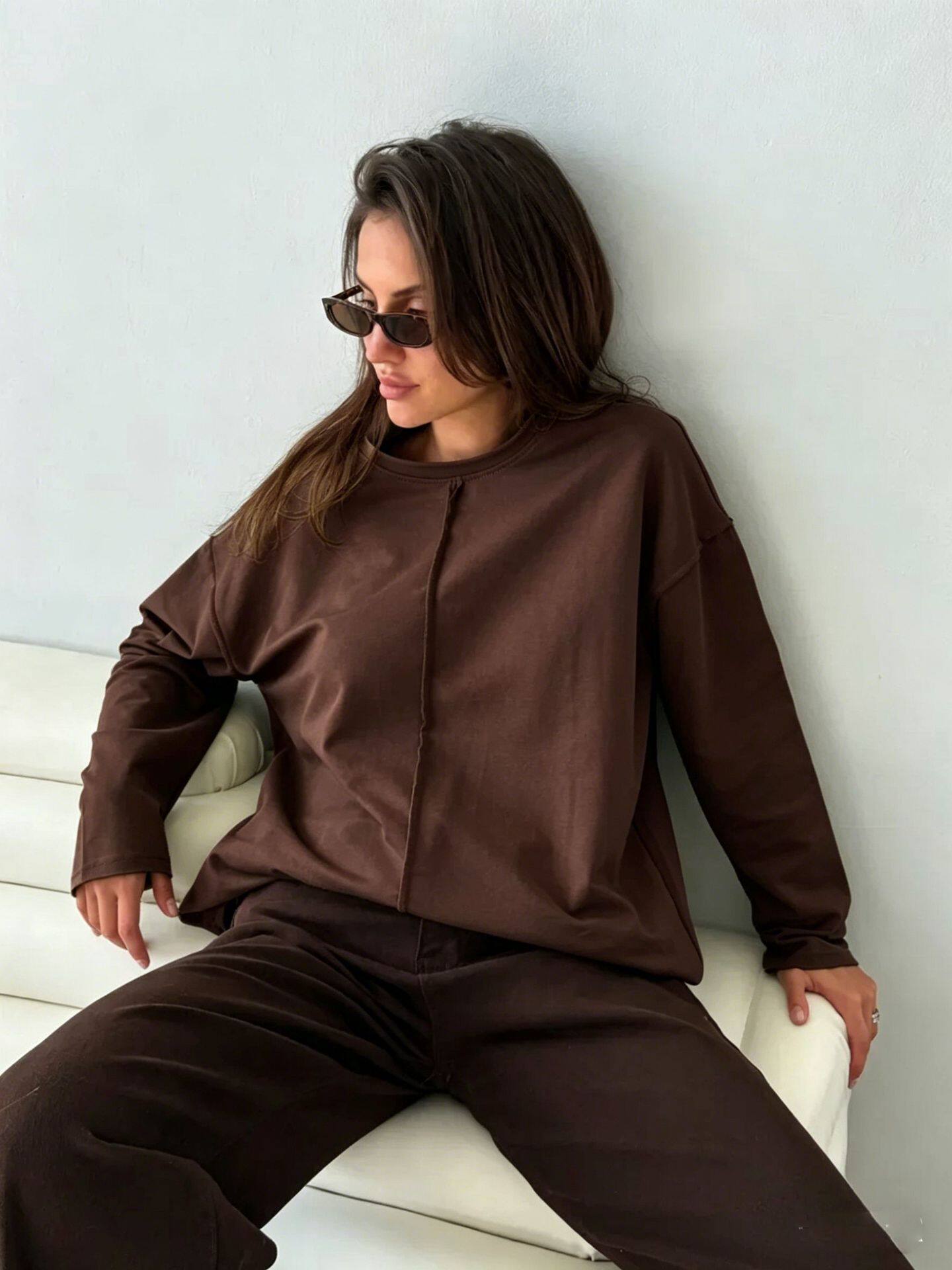 Womens Loose Fit Distressed Cotton Long Sleeve T Shirt Soft Knit Fabric Casual Style Spring Summer Wear Wholesale
