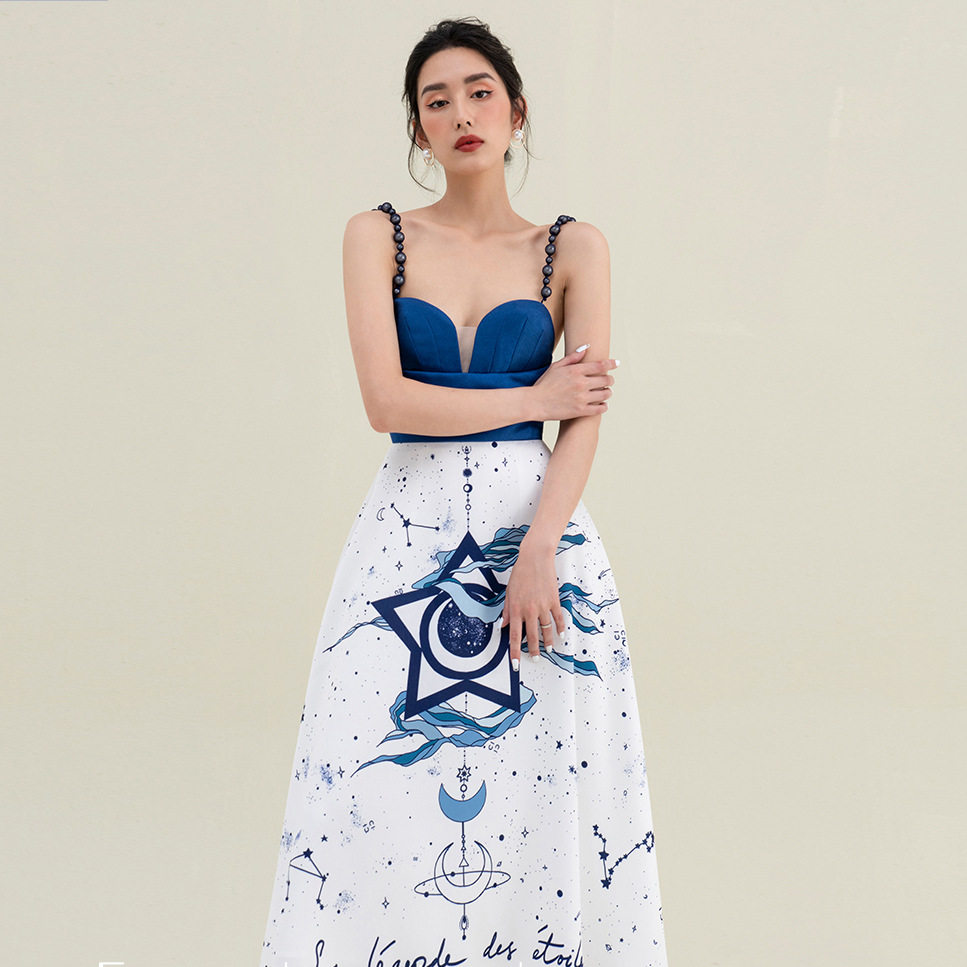 Đầm maxi nữ thắt eo in họa tiết cổ V không tay — Màu như ảnh