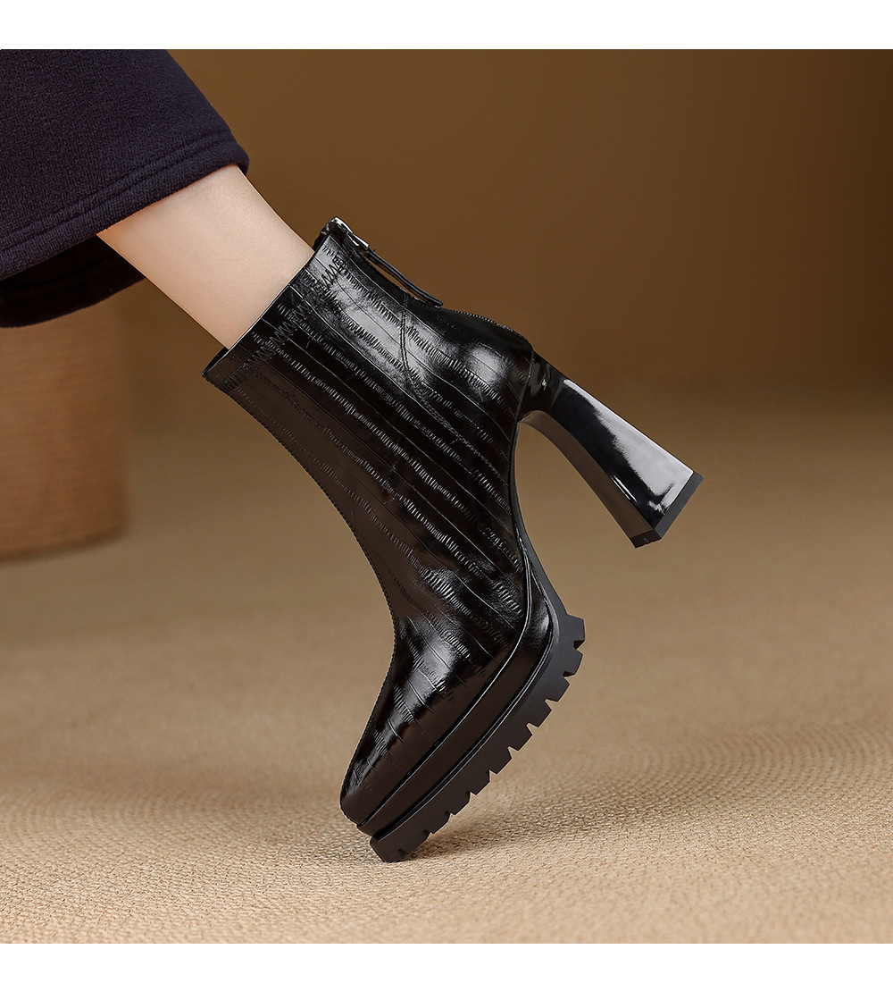 Boot nữ cao gót 10cm mũi nhọn da thật, cổ thấp gót vuông khóa kéo sau — Bảng màu nâu, Màu đen bên trong, Màu nâu., Trong danh sách đen