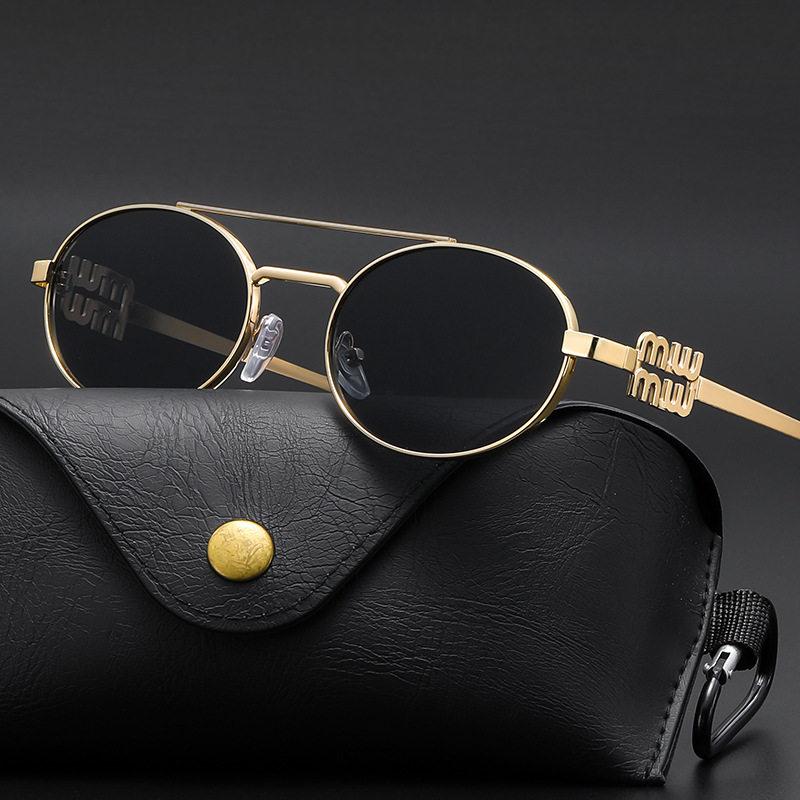 European and American Cone High-End Sunglasses Miaojia Catwalk Style Metal Frame Oval Dark Green Retro Korean Style Sunglasses for Women