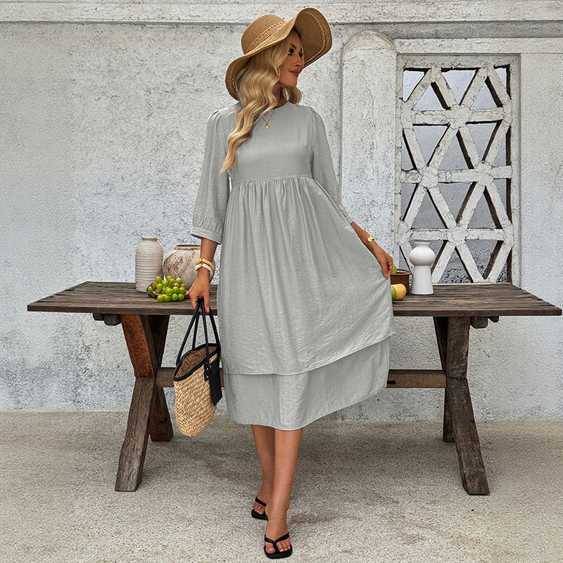 Casual Loose Fit Solid Color Dress Layered Design Short Sleeves Round Neck Vacation Wear Wholesale Available
