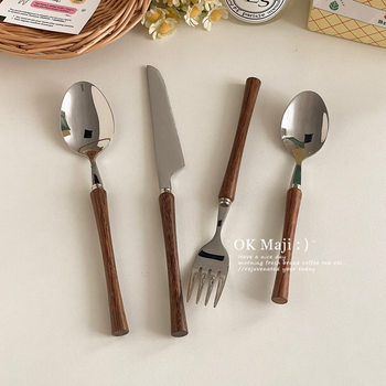 Retro Knife and Fork 304 Stainless Steel Wooden Steak Knife and Fork Spoon Western Food Tableware Cake Dessert Spoon and Fork Set