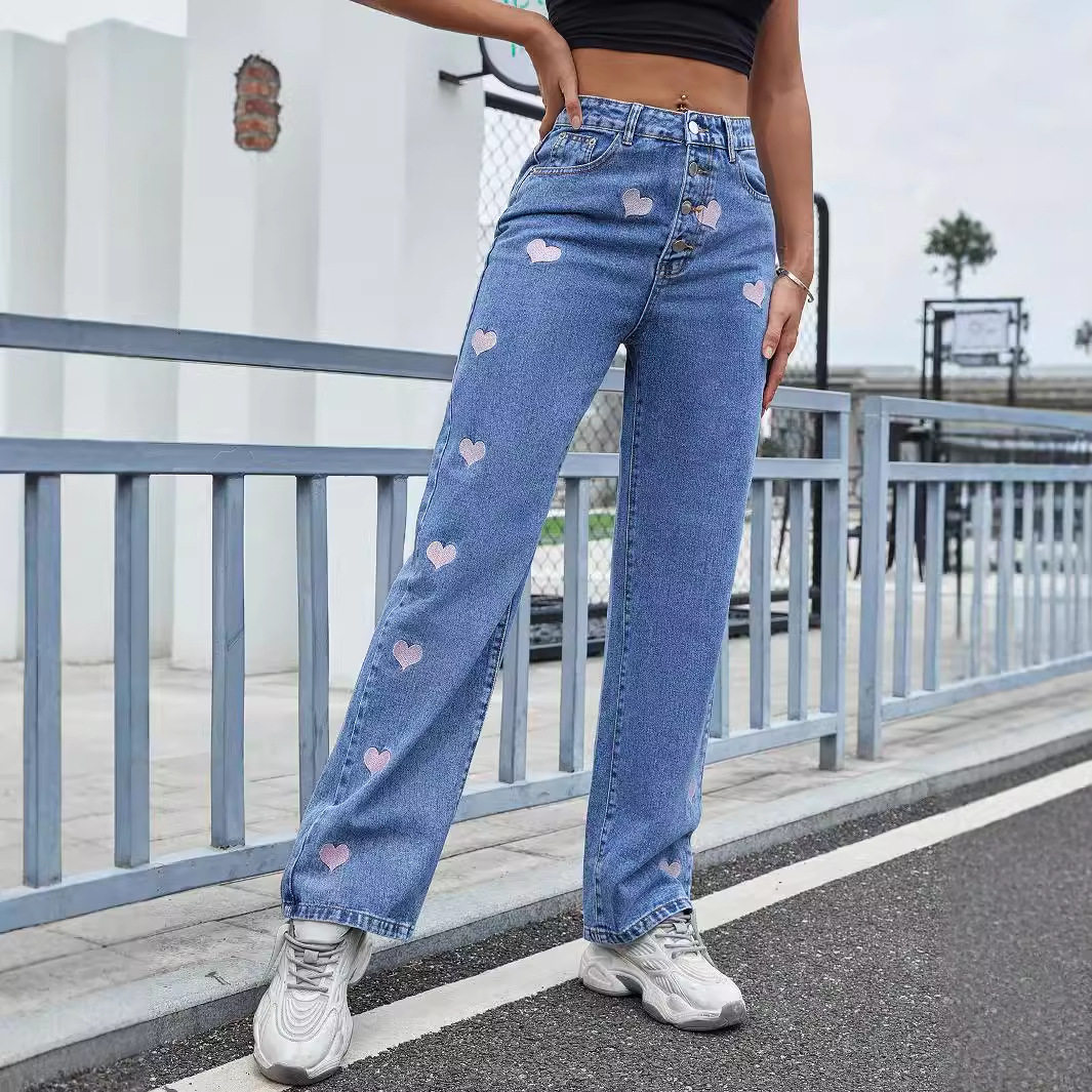 High Waisted Straight Leg Jeans Fashionable Heart Embroidery Casual Wear for Women Pre Order Available