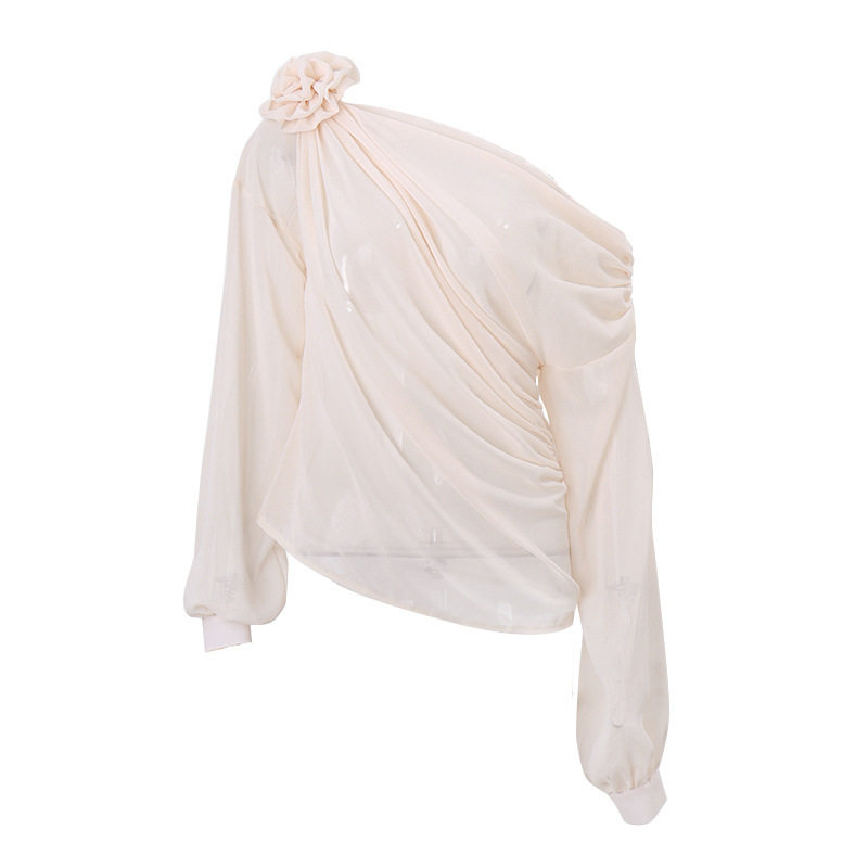 Womens Long Sleeve T Shirt Sheer Mesh Floral Decoration Asymmetrical Shoulder Trendy Street Style Wholesale