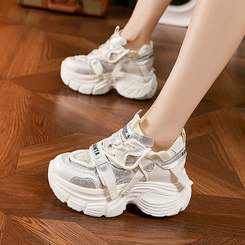 Giày sneaker nữ chunky đế dày lưới thoáng khí gót siêu cao 8 cm — Len tinh khiết, Bạc, Tím