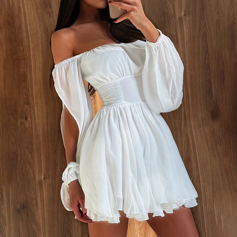 Solid Color Square Neck Off Shoulder Dress Hollowed Long Sleeves Waist Cinching A Line Silhouette Elegant Casual Wear