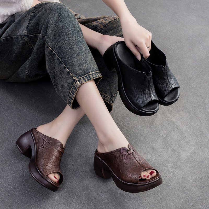 Giày Dép Lê Nữ Chất Liệu Da Bò Miệng Cá Hàng Mùa Hè Phục Cổ Cổ Điển