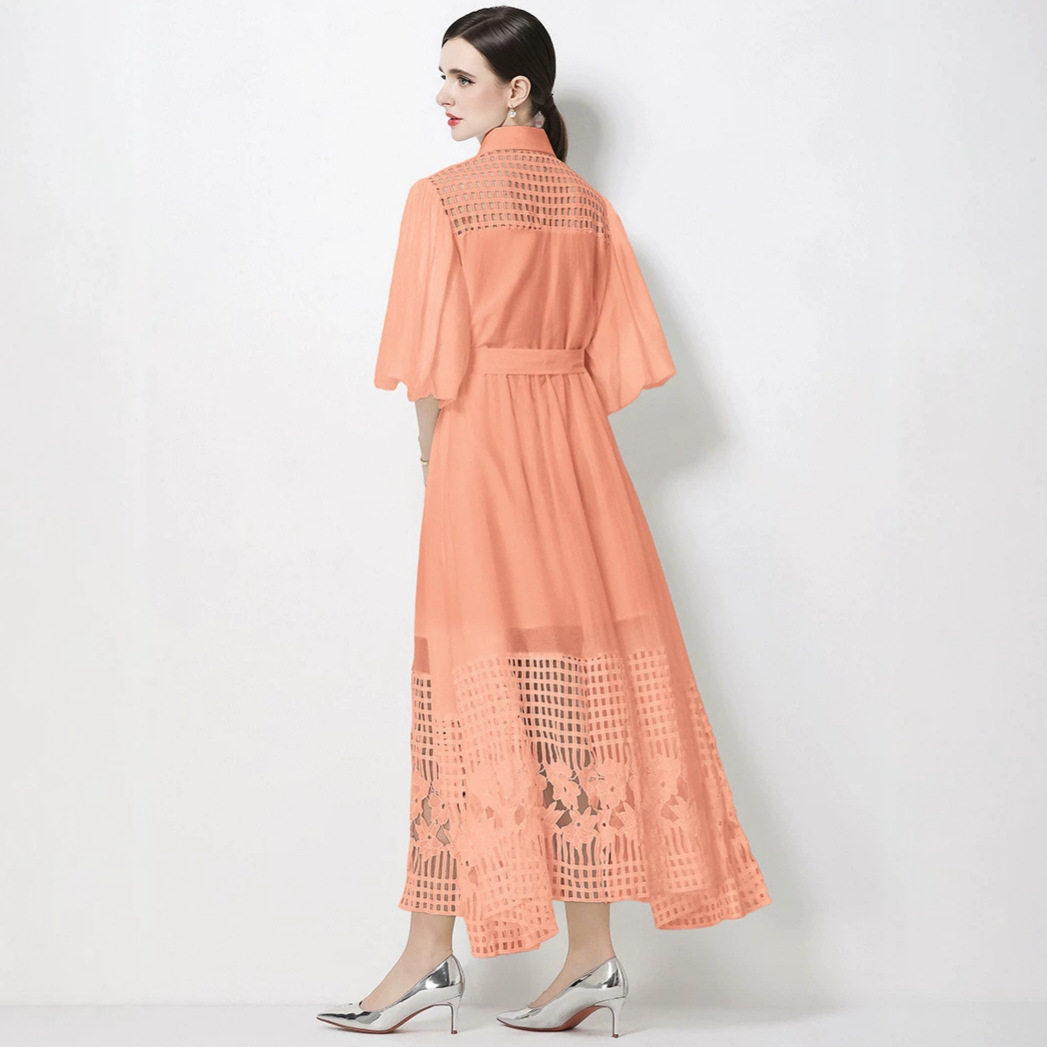 French Elegant Lace Long Dress Beaded Hollow Puff Sleeves High End Sophisticated Style for Special Occasions