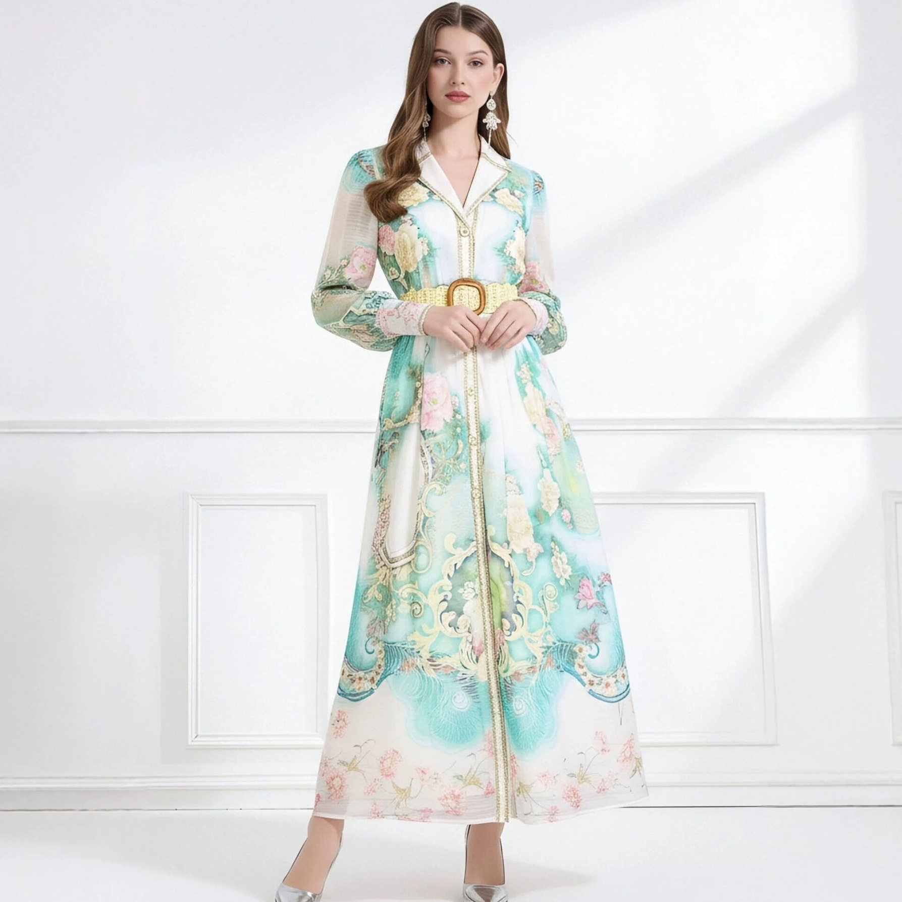 French Floral Print Long Sleeve A Line Dress for Women V Neck Waist Defined Elegant Style Spring Office Wear