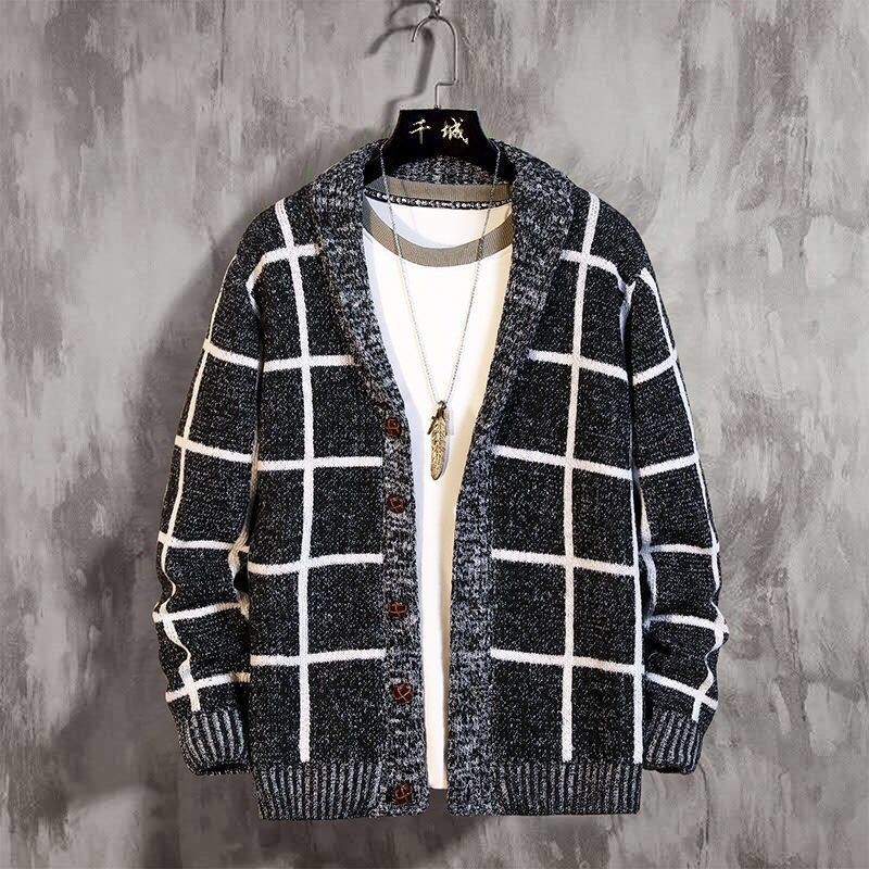 2020秋冬韩版新款男式毛衣时尚修身格子长袖翻领男针织开衫外套