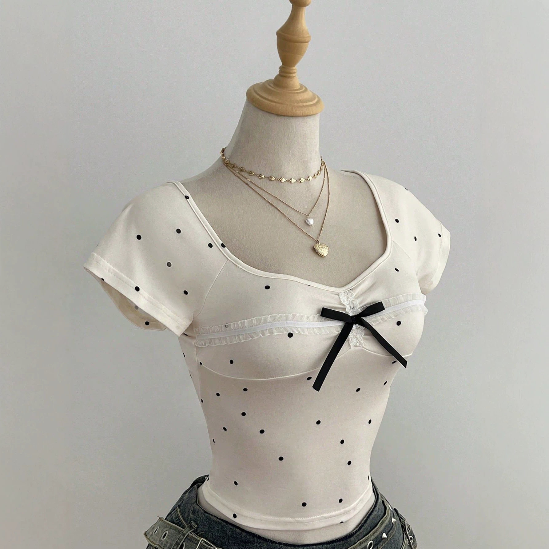 Summer Womens Short Sleeve T Shirt Polka Dot Design Bow Detail Casual Style Ready to Ship Low MOQ