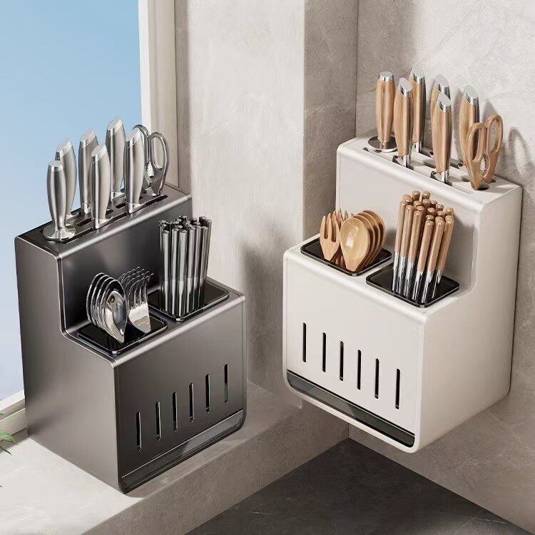 Cream-Style Knife Holder Storage Rack Kitchen Punch-Free Kitchen Knife Chopstick Barrel Integrated Storage Rack Wall-Mounted Knife Rack