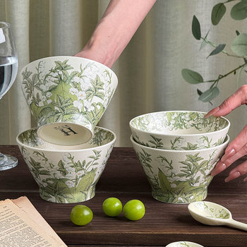 Happy Lily of the Ring Light Luxury Household Ins Style Tableware High Foot Rice Bowl Neat Bowl Ceramic Rice Bowl Single 5 Inch Small Bowl