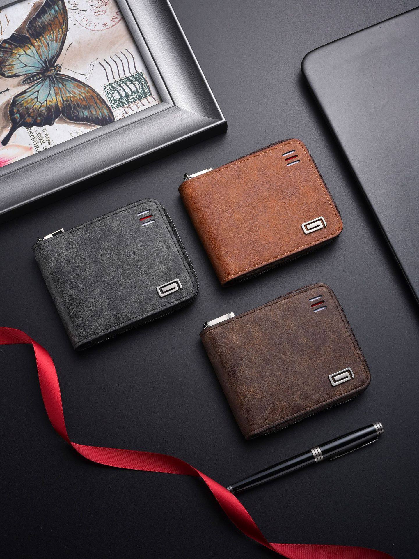 New 2026 Retro Men's Wallet Short Style Id Card Holder Leather Wallet Zipper Men's Wallet