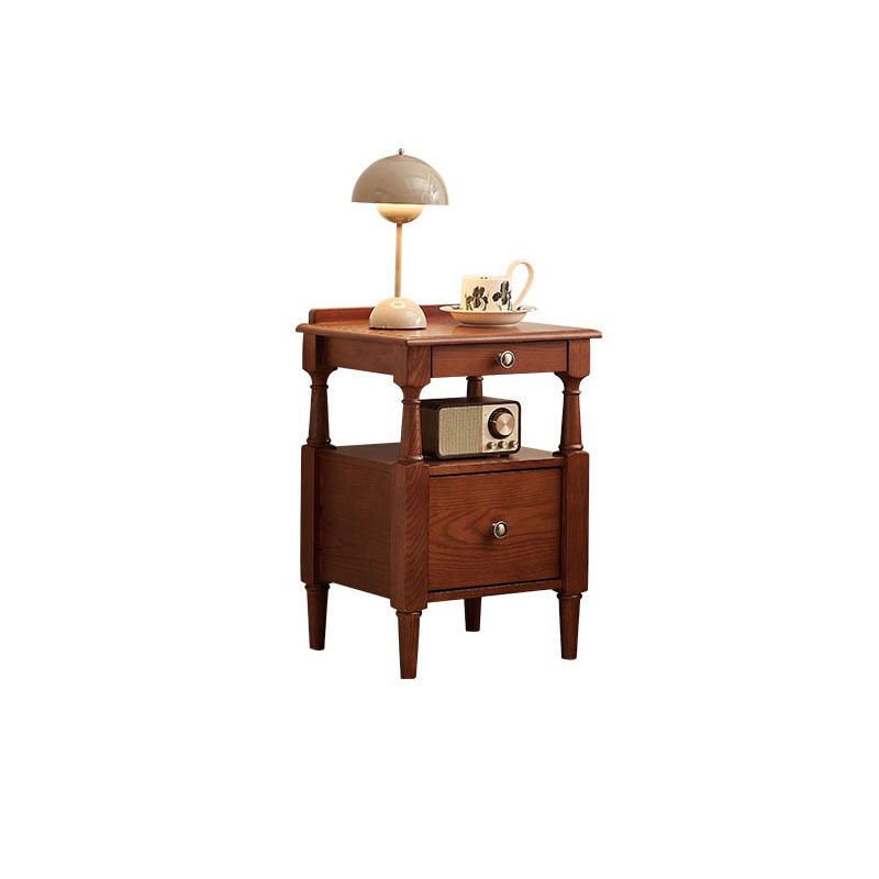 Small Apartment Bedside Table, French Retro Solid Wood, Extremely Narrow Double-Layer Drawer Bedside Storage Cabinet for Small Apartments