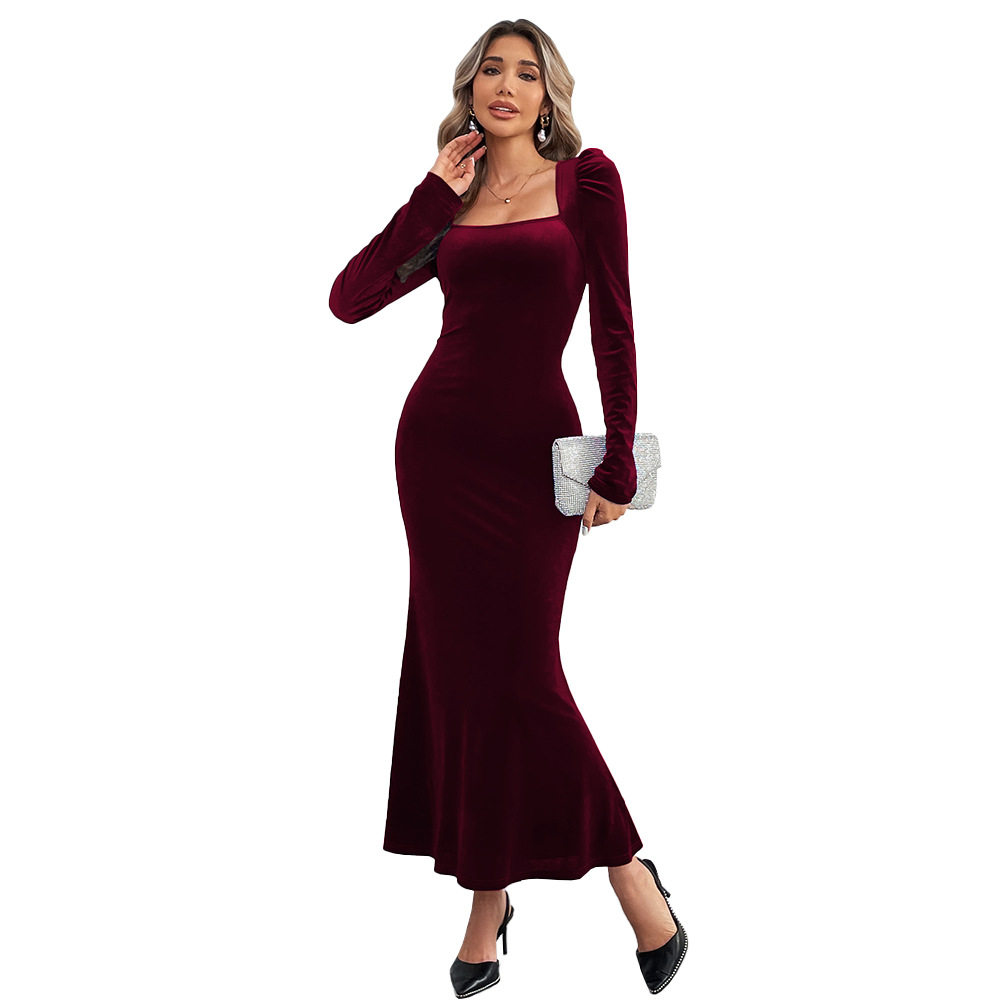 Velvet Mermaid Maxi Dress Long Sleeve Bodycon Fit Elegant Design Perfect for Parties and Formal Events Wholesale