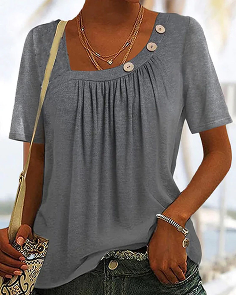 Womens Short Sleeve T Shirt Solid Color Button Detail Round Neck Summer Fashion Wholesale Available