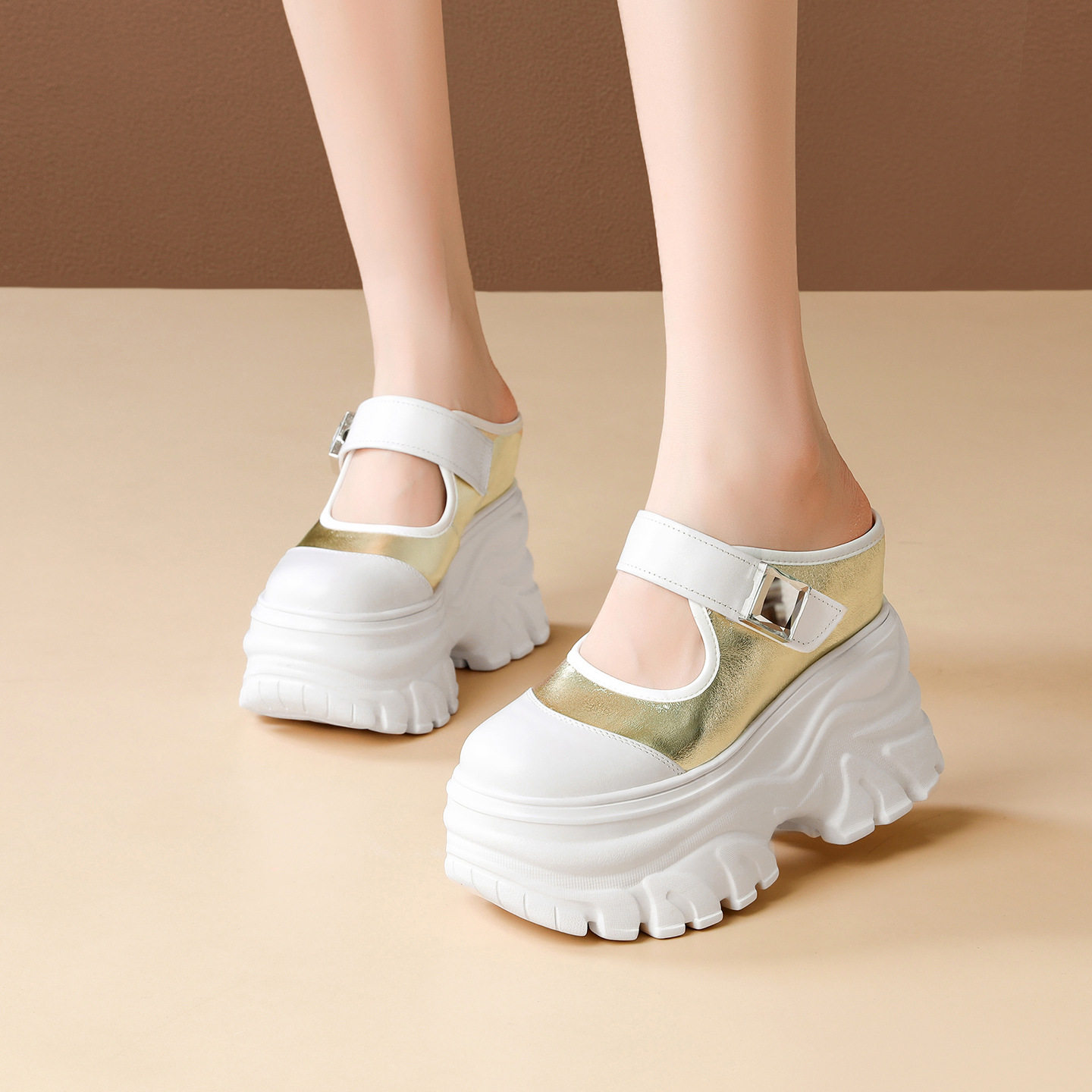 Sandal cao gót nữ hở mũi, đế xuồng 12 cm, quai bọc mũi, phối màu, phong cách dạo phố — [Đen], [Trắng], [Vàng nhạt]