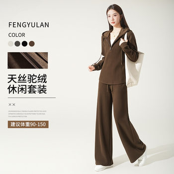 Feng and Lan Women's Sweatshirt Set, Tencel Camel Wool Hooded Amber Shimmer Two-Piece Set, Petite Slimming Autumn New Style