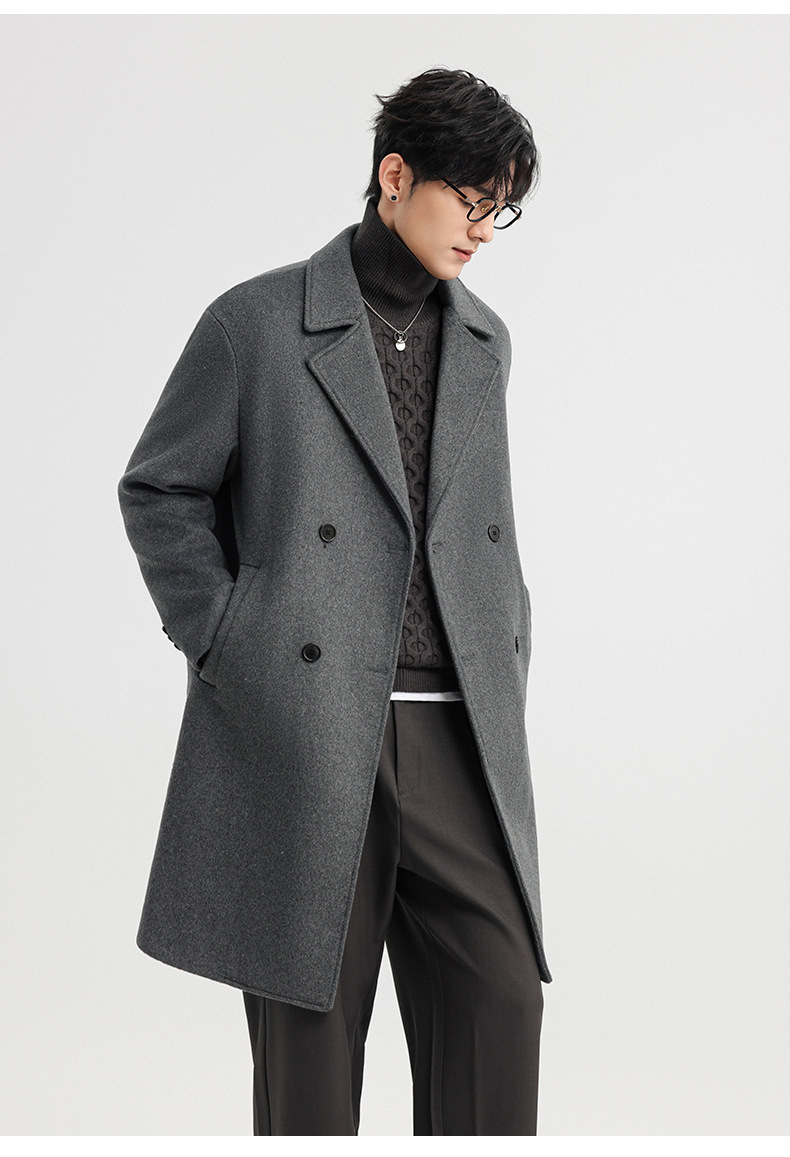 Áo khoác dạ len cashmere nam dáng dài hai hàng khuy mùa đông — Màu Xám (không bao gồm áo vest), Cà phê đậm (không bao gồm áo vest), Cà phê đậm (có áo VEST), Màu đen (có áo VEST)