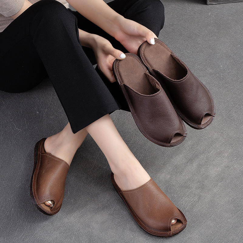 Giày Dép Lê Nữ Chất Liệu Da Bò Đế Mềm Thoáng Khí Hàng Mùa Hè Phục Cổ Cổ Điển