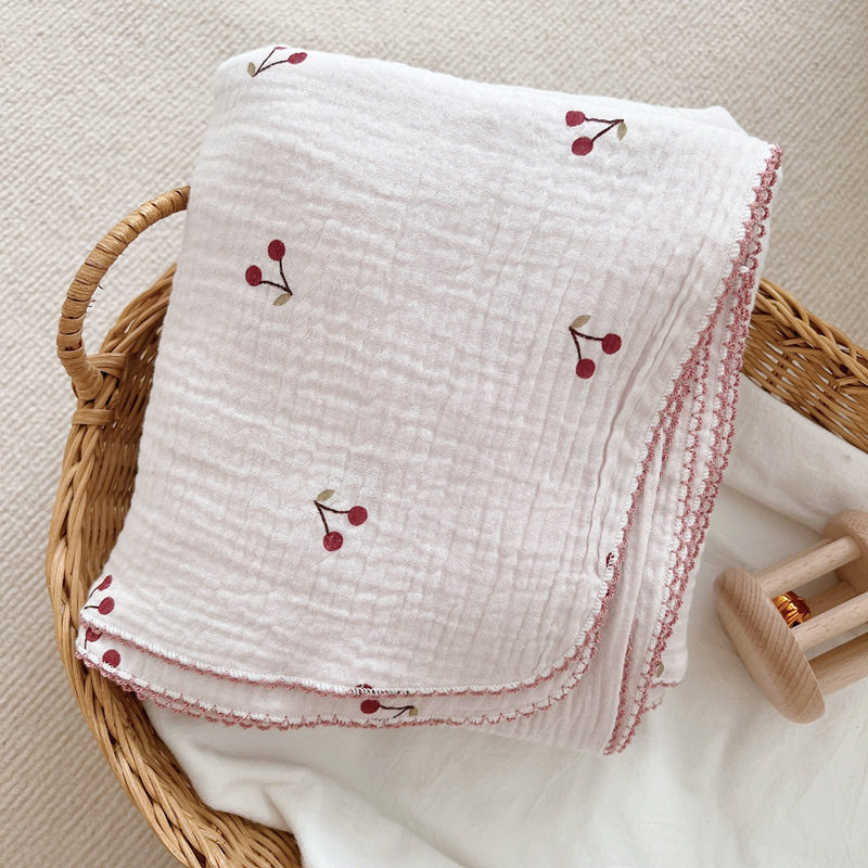 Pink fresh cute cherry blanket ins style baby gauze towel nap blanket cotton towel bath towel blanket