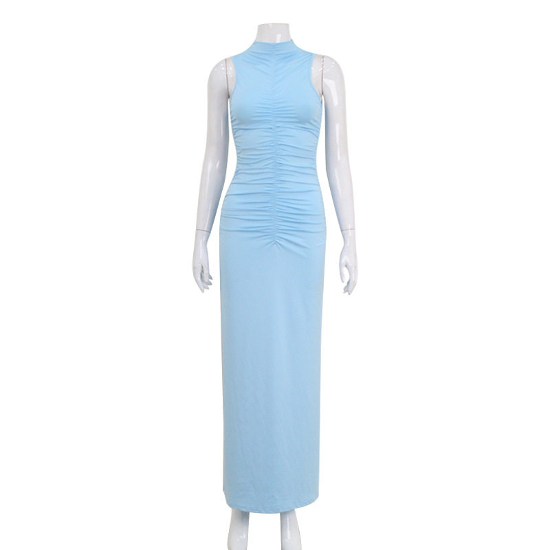 Sleeveless High Neck Bodycon Dress Elegant Solid Color Pleated Design Slim Fit Perfect for Parties and Events